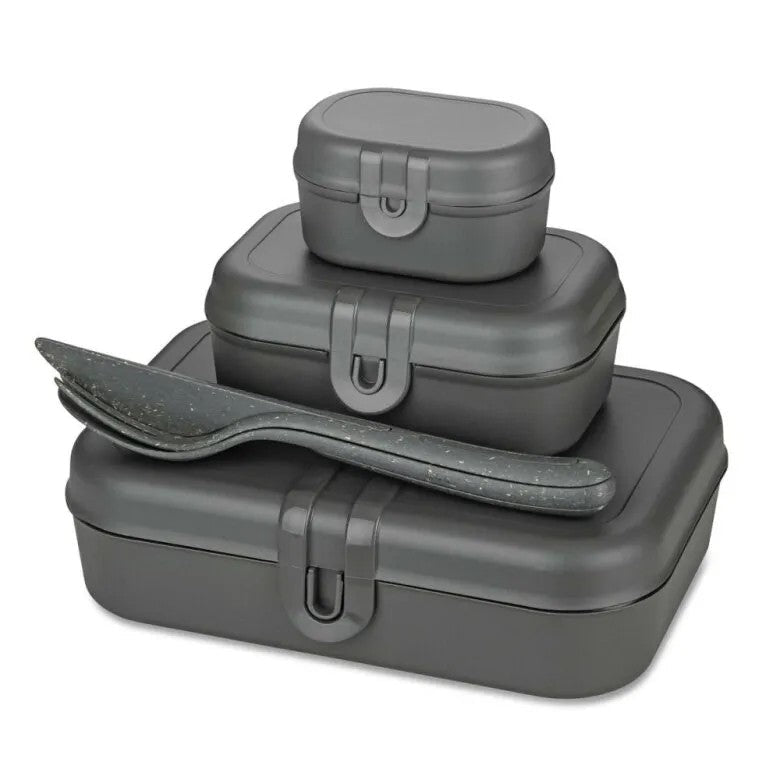 Koziol Pascal Ready Set med 3x lunchbox och bestick Mörkgrå