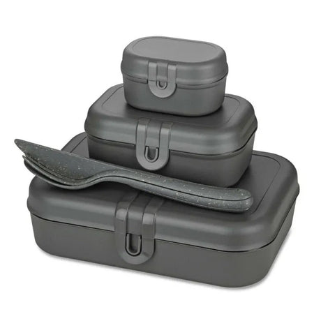 Koziol Pascal Ready Set med 3x lunchbox och bestick Mörkgrå