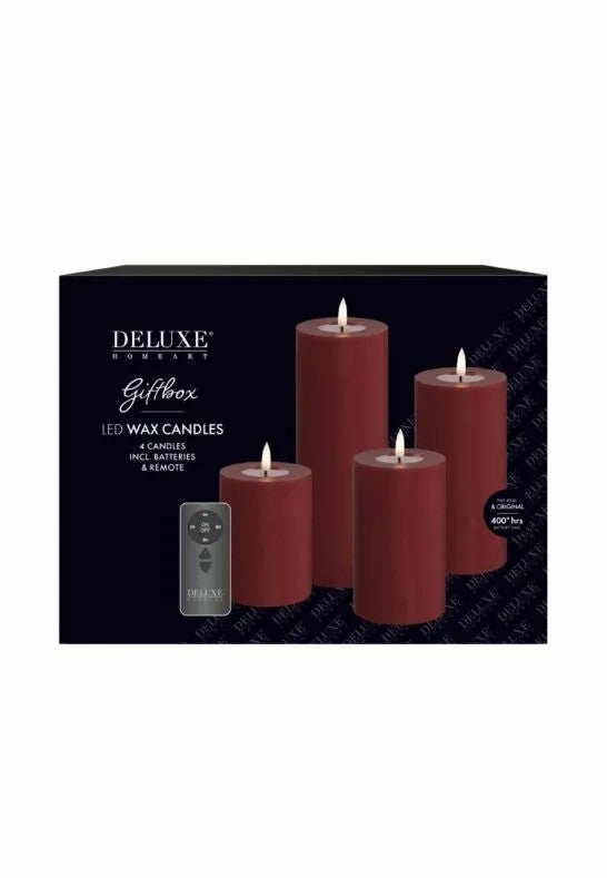 DeluxeHomeart Ljuspaket LED Blockljus 4-pack + Fjärrkontroll Bordeaux